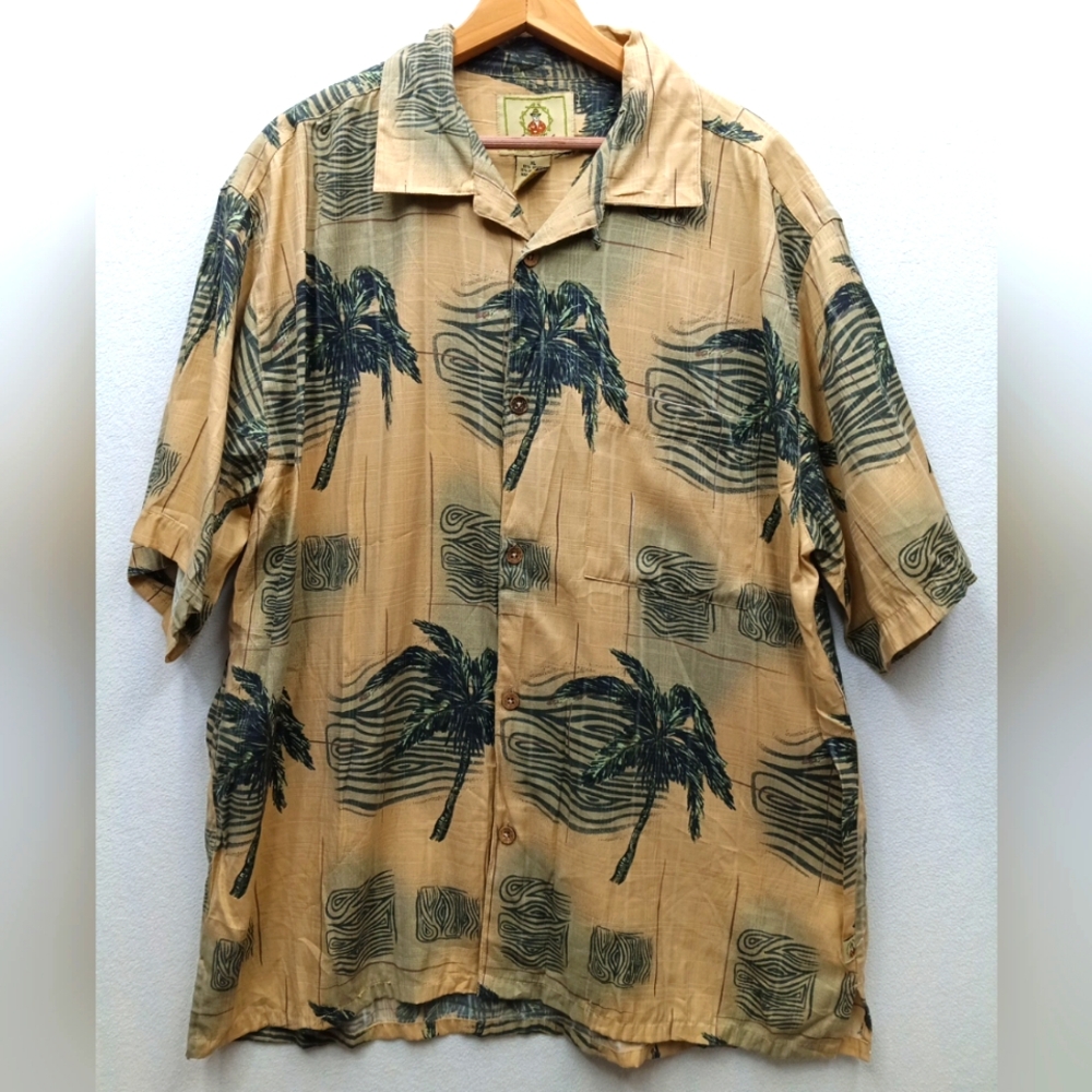 VINTAGE Joe Martin Men Button Up Shirt XL Orange Tan Green Hawaiian Short Sleeve
